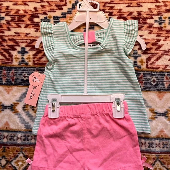Little Lass Two Piece Set - Aqua and White Striped with Pink Shorts - Picture 3 of 3